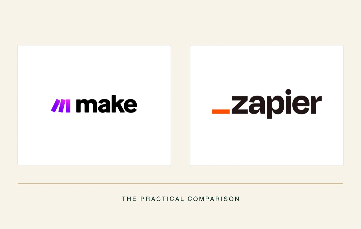 Authentic Make and Zapier logos arranged for an editorial comparison