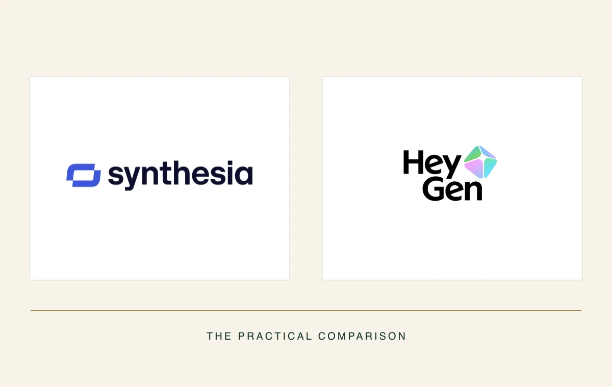 Authentic Synthesia and HeyGen logos arranged for an editorial comparison