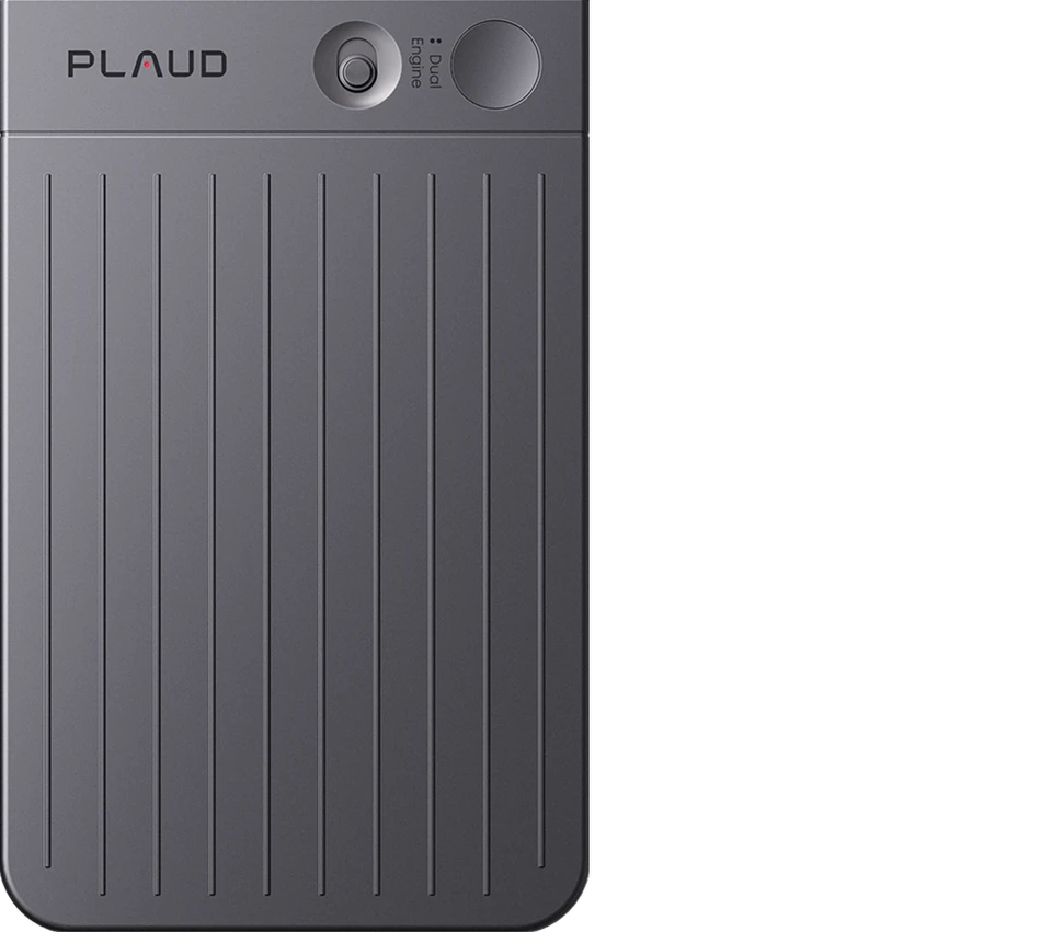 Original black Plaud Note card-shaped recorder with ribbed body and physical recording controls